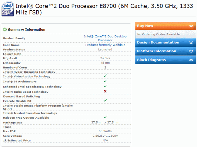 Core 2 Duo E8700 (3.5 ГГц) замечен на сайте Intel Core 2 Duo E8700 (3.5 ГГц) замечен на сайте Intel
